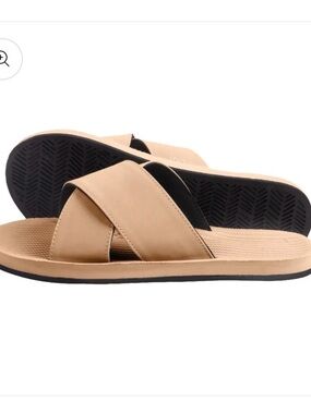 Casual Leather-Style Crossband Slide Sandals in Beige